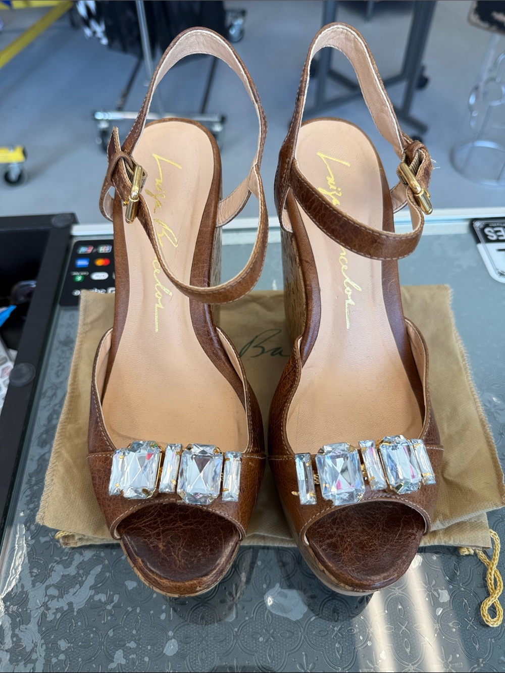 Luiza Barcelos Brown Rhinestone Wedges size 39 US 8.5